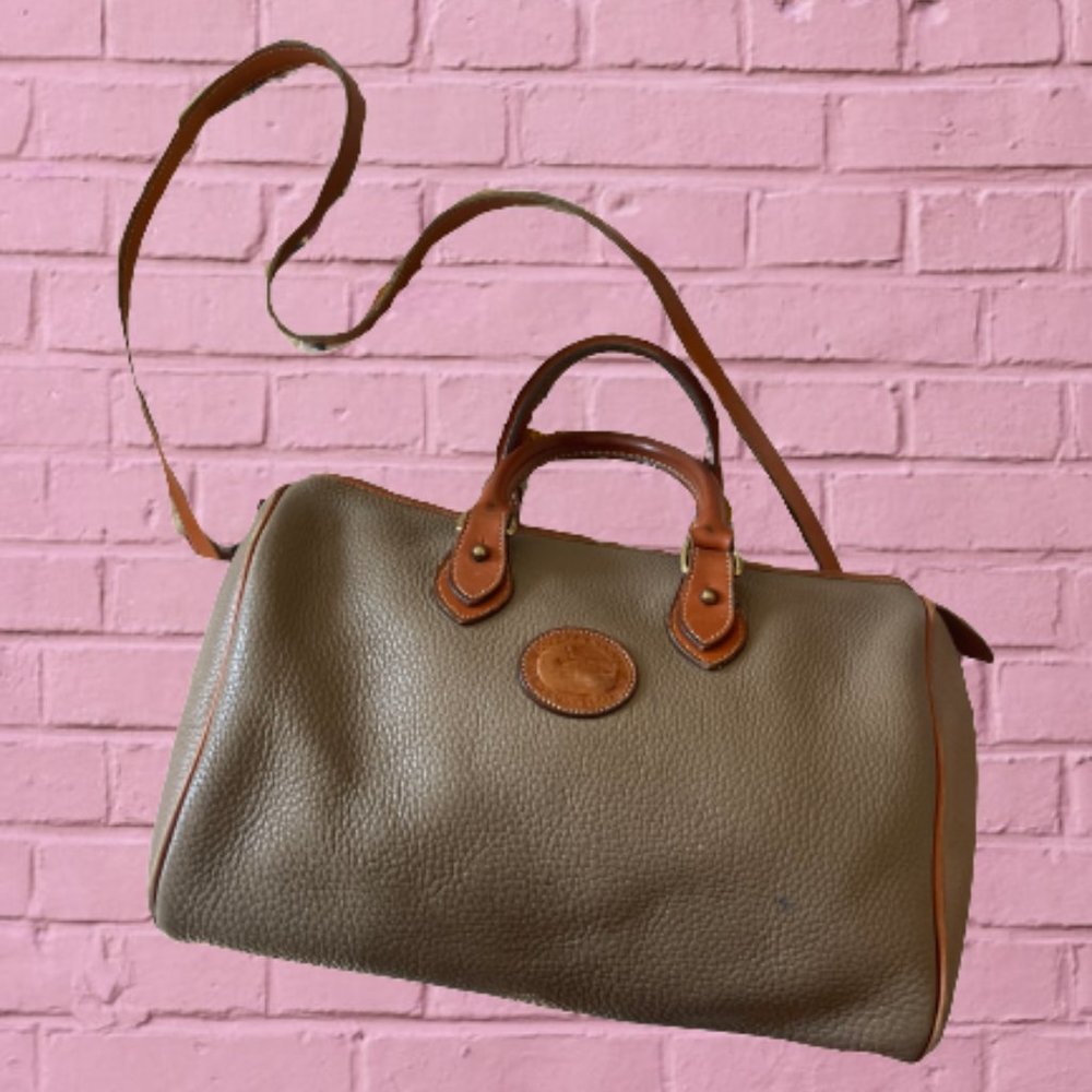 Vintage Dooney & Bourke All Weather Pebbled Leather Tan & Taupe Satchel